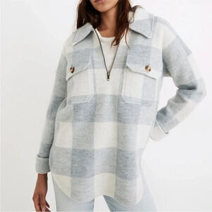 Madewell Boiled 100% Wool Half-Zip Popover Sweater Plaid Blue & White Size XS